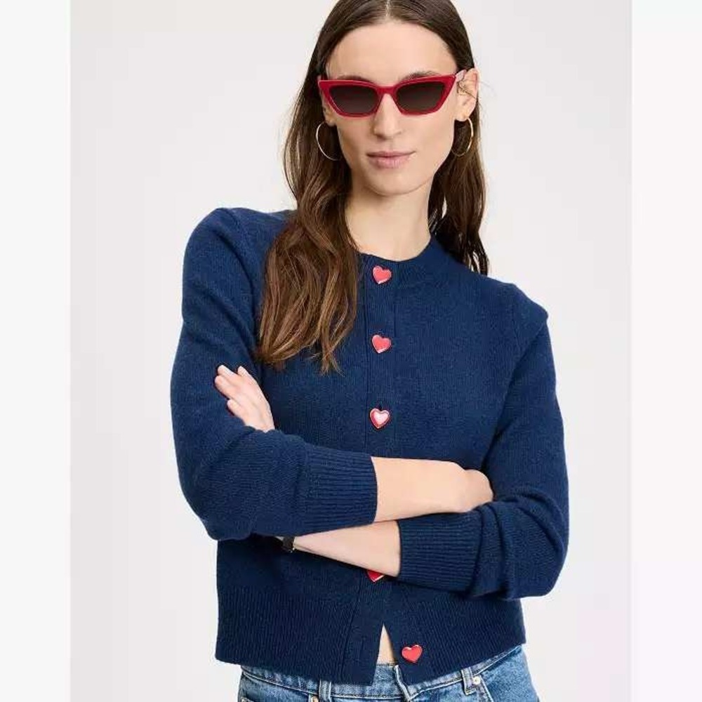 Kate Spade New York Heart Button‎ Wool Cashmere Cardigan Navy Blue Large NEW